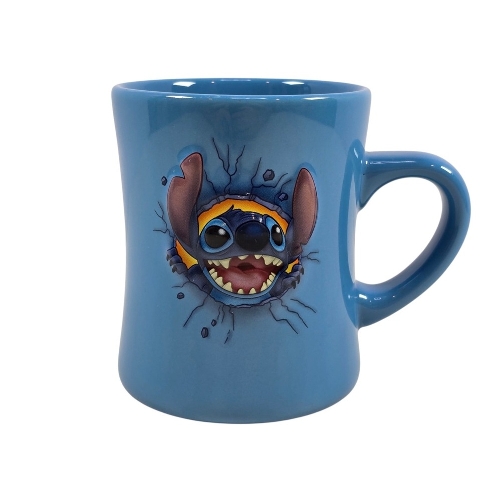 Walt Disney World Stitch Wall Burst 3D Embossed Blue Ceramic Coffee Mug Cup Rare